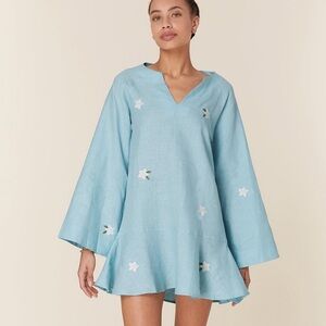 FANM MON Serik Mini Dress Linen Long Bell Flare Sleeve Light Blue Embroidered S